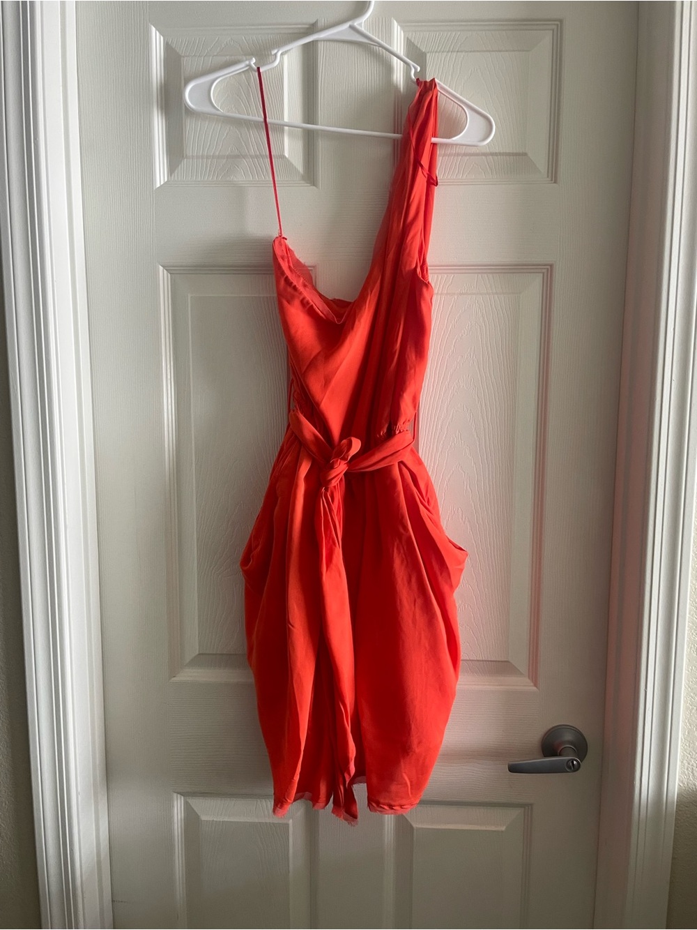 Bar III One-Shoulder Tie-Waist Dress in Bright Orange